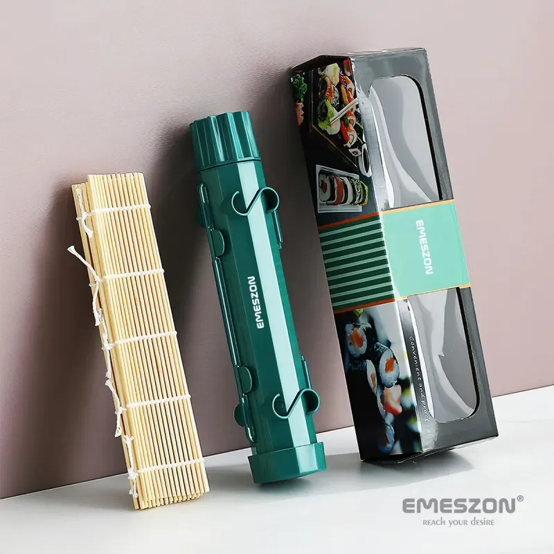 Casa si Gradina - Bucatarie si vesela - Ustensile bucatarie - Seturi ustensile de bucatarie - Set Sushi Rolls 2, EMESZON® Aparat manual de rulat Sushi cu rola bambus pentru pasionatii de bucataria Asiatica, verde - Infinity.ro