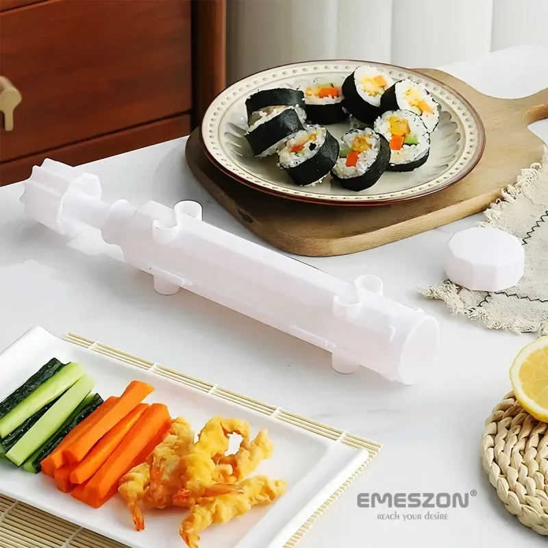 Casa si Gradina - Bucatarie si vesela - Ustensile bucatarie - Seturi ustensile de bucatarie - Set Sushi Rolls 2, EMESZON® Aparat manual de rulat Sushi cu rola bambus pentru pasionatii de bucataria Asiatica, galben - Infinity.ro