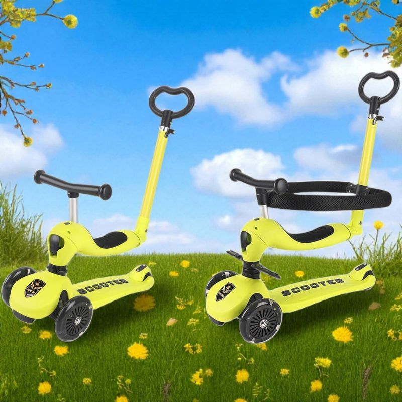 Sport si Outdoor - Role, trotinete si skateboard - Trotinete copii - Trotineta 4in1 cu bara parentala reglabila, protectie 360°, suport picioruse, roti LED, inaltime ajustabila, galben - Infinity.ro