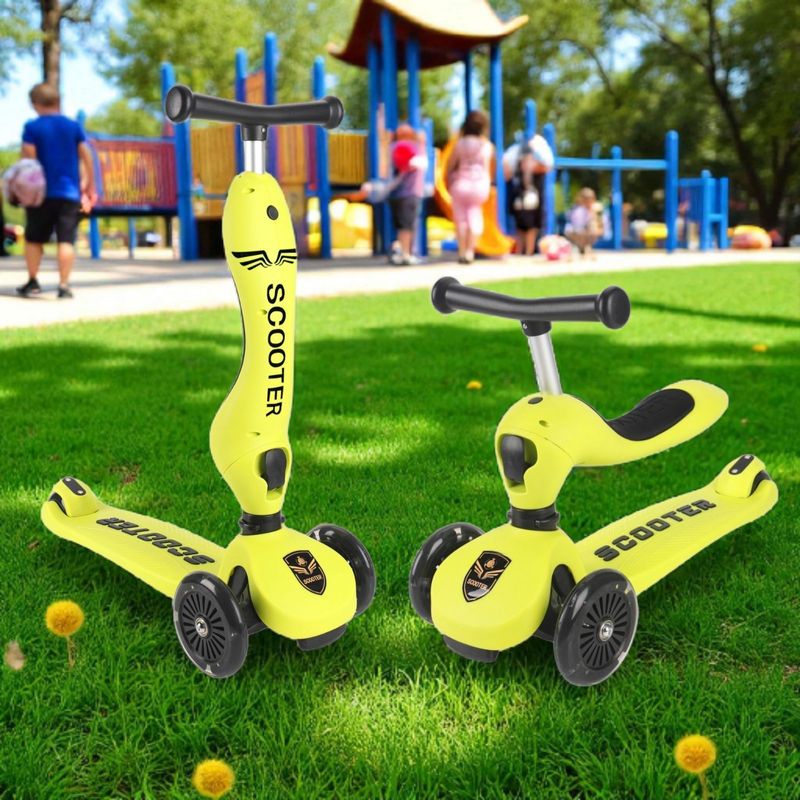 Sport si Outdoor - Role, trotinete si skateboard - Trotinete copii - Trotineta 4in1 cu bara parentala reglabila, protectie 360°, suport picioruse, roti LED, inaltime ajustabila, galben - Infinity.ro