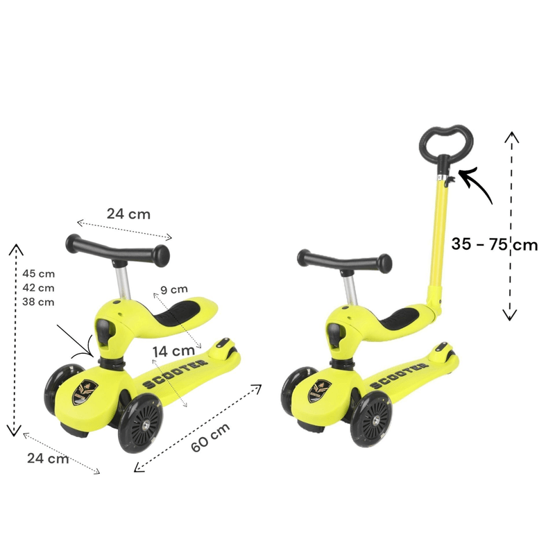 Sport si Outdoor - Role, trotinete si skateboard - Trotinete copii - Trotineta 4in1 cu bara parentala reglabila, protectie 360°, suport picioruse, roti LED, inaltime ajustabila, galben - Infinity.ro