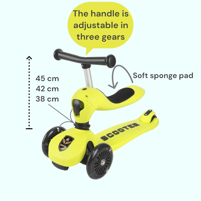 Sport si Outdoor - Role, trotinete si skateboard - Trotinete copii - Trotineta 4in1 cu bara parentala reglabila, protectie 360°, suport picioruse, roti LED, inaltime ajustabila, galben - Infinity.ro