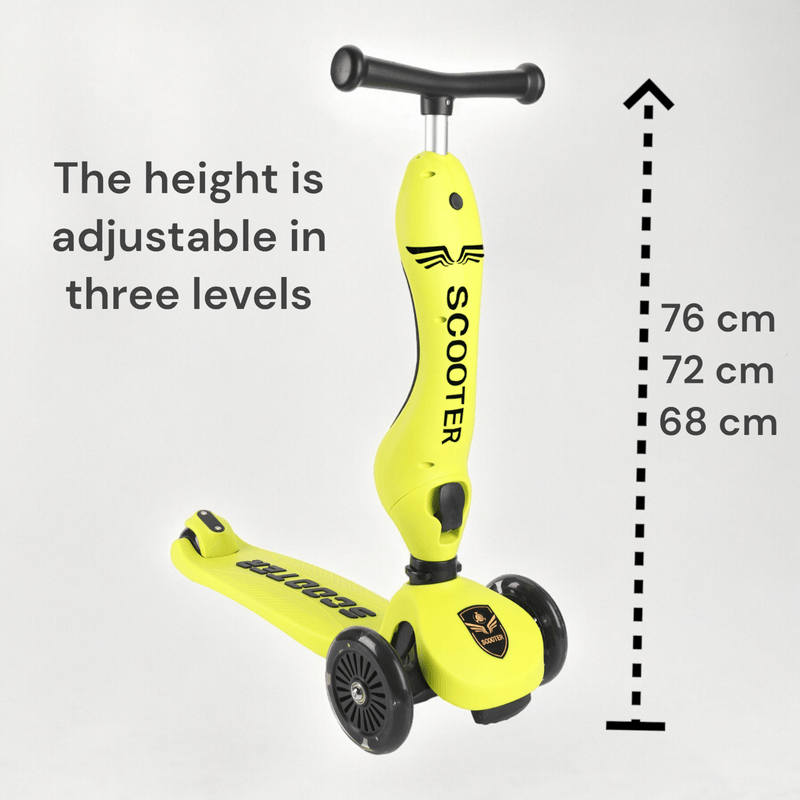 Sport si Outdoor - Role, trotinete si skateboard - Trotinete copii - Trotineta 4in1 cu bara parentala reglabila, protectie 360°, suport picioruse, roti LED, inaltime ajustabila, galben - Infinity.ro