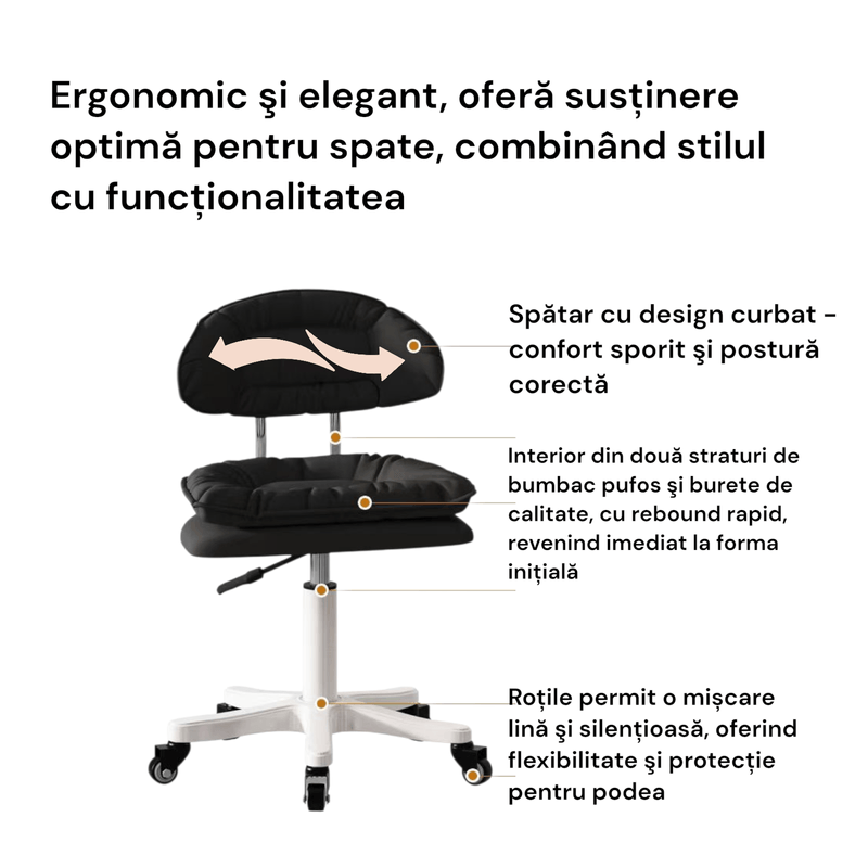 Casa si Gradina - Mobilier - Scaune si fotolii - Scaune - Scaun ergonomic, elegant si versatil, rotativ, mobil, ajustabil pe inaltime (65–75 cm), piele PU, negru - Infinity.ro