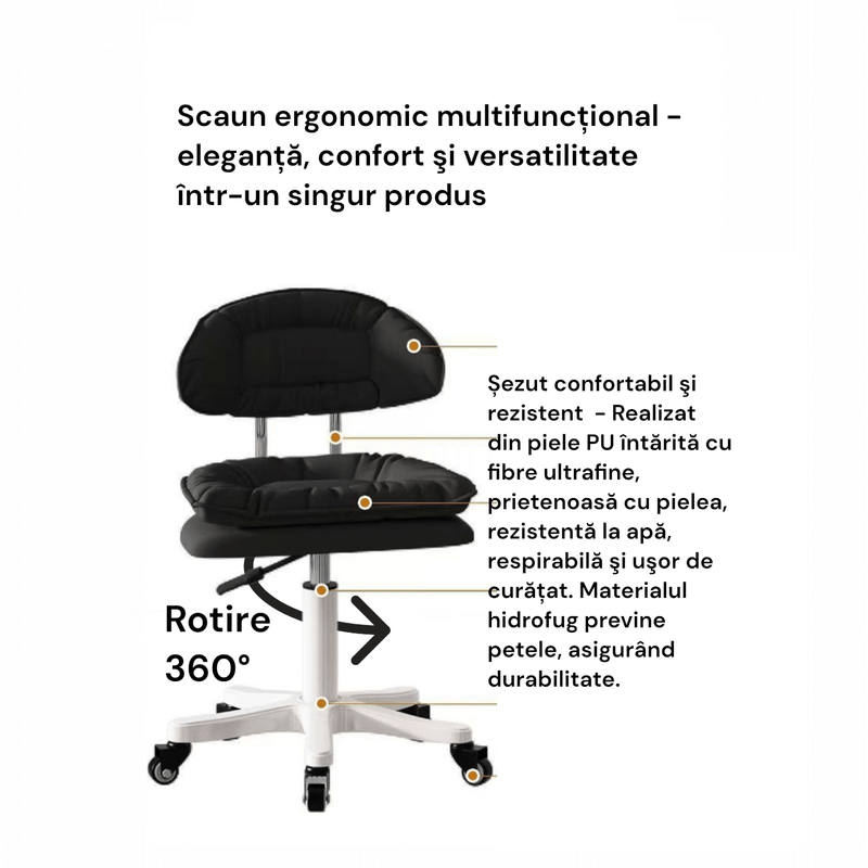 Casa si Gradina - Mobilier - Scaune si fotolii - Scaune - Scaun ergonomic, elegant si versatil, rotativ, mobil, ajustabil pe inaltime (65–75 cm), piele PU, negru - Infinity.ro
