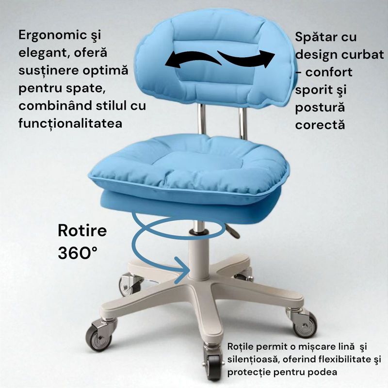 Casa si Gradina - Mobilier - Scaune si fotolii - Scaune - Scaun ergonomic, elegant si versatil, rotativ, mobil, ajustabil pe inaltime (65–75 cm), piele PU,  albastru - Infinity.ro