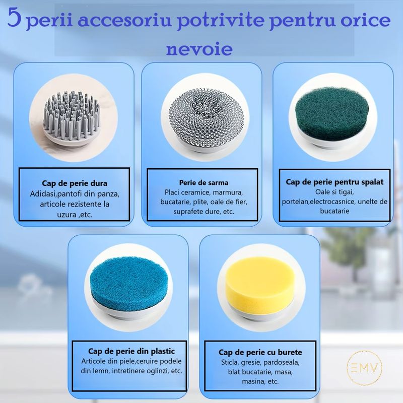 Electronice si Electrocasnice - Ingrijirea locuintei - Mopuri electrice - Perie de curatare electrica multifunctionala, portabila, ideala pentru bucatarie si baie, wireless, 5 perii accesoriu - Infinity.ro