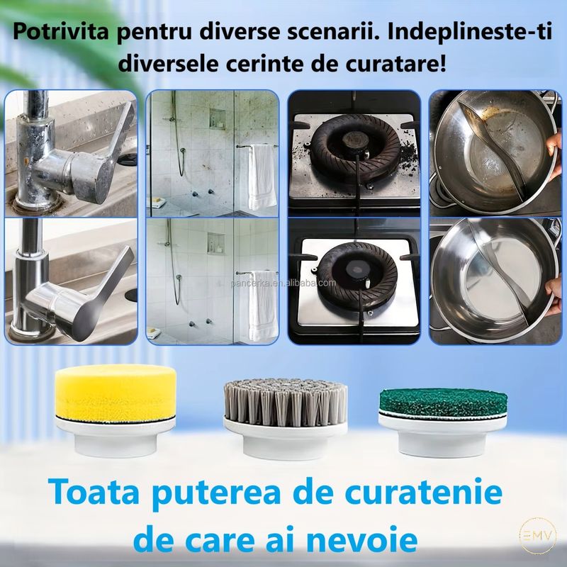 Electronice si Electrocasnice - Ingrijirea locuintei - Mopuri electrice - Perie de curatare electrica multifunctionala, portabila, ideala pentru bucatarie si baie, wireless, 5 perii accesoriu - Infinity.ro