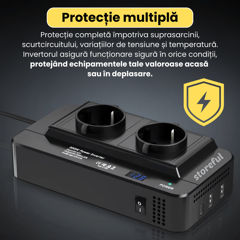 Auto si Moto - Reparatii si depanare - Invertoare auto - Invertor auto de tensiune, de la priza tip bricheta de 12V la 230V, 200W,  protectii multiple, ventilator - Infinity.ro