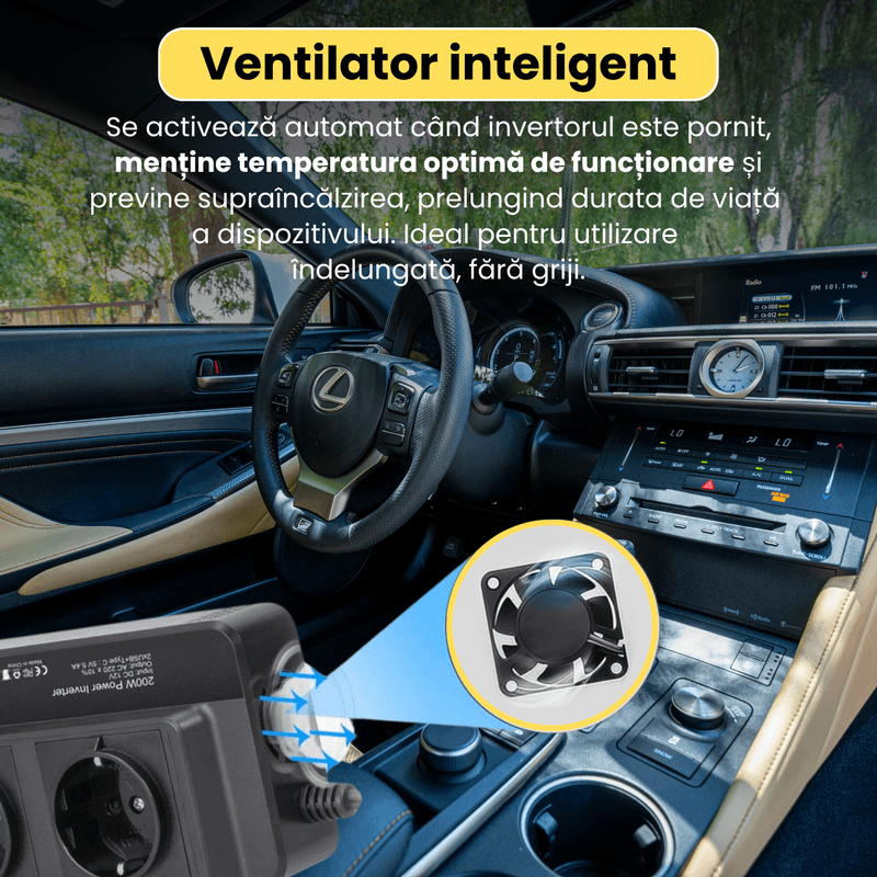 Auto si Moto - Reparatii si depanare - Invertoare auto - Invertor auto de tensiune, de la priza tip bricheta de 12V la 230V, 200W,  protectii multiple, ventilator - Infinity.ro
