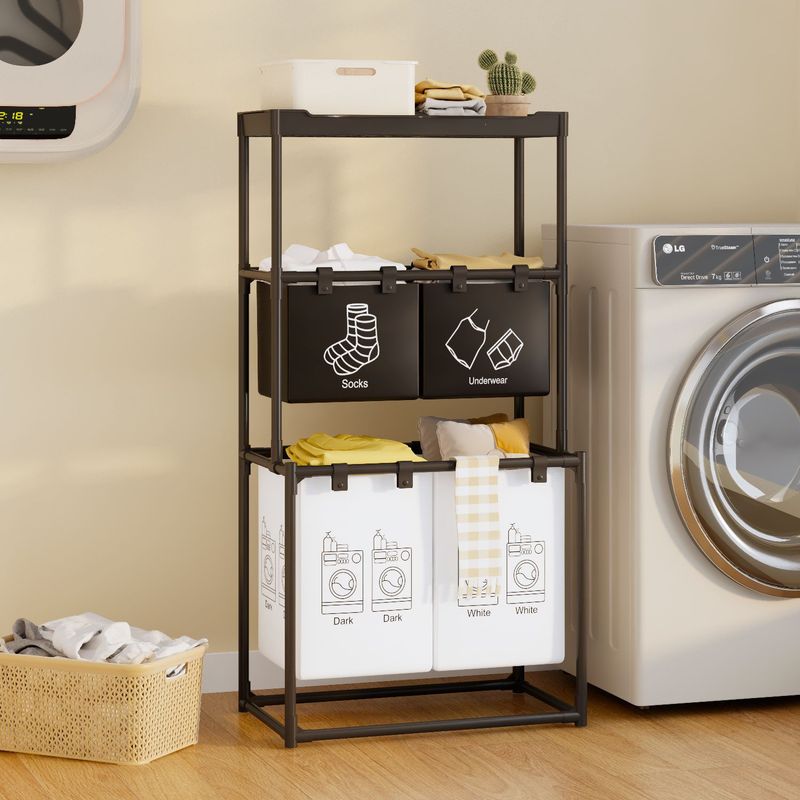 Market - Spalare si intretinere rufe - Uscatoare de rufe si accesorii - Cos de rufe metalic, 3 nivele, 4 sectiuni, negru, cu raft suplimentar pentru organizare rufe, Brivoo® - Infinity.ro