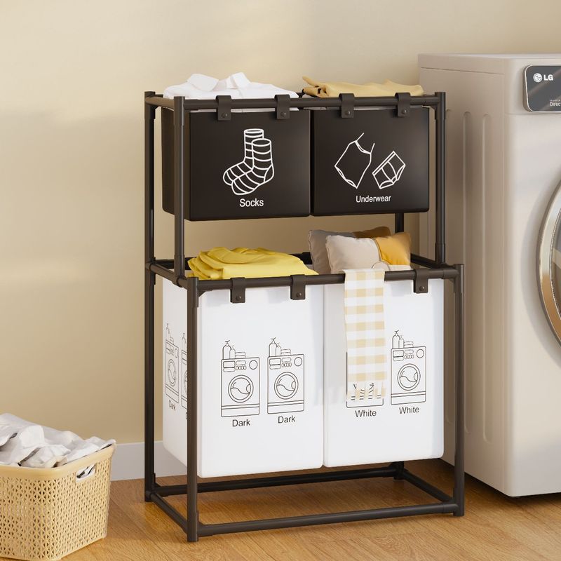 Market - Spalare si intretinere rufe - Uscatoare de rufe si accesorii - Cos de rufe metalic, 3 nivele, 4 sectiuni, negru, cu raft suplimentar pentru organizare rufe, Brivoo® - Infinity.ro