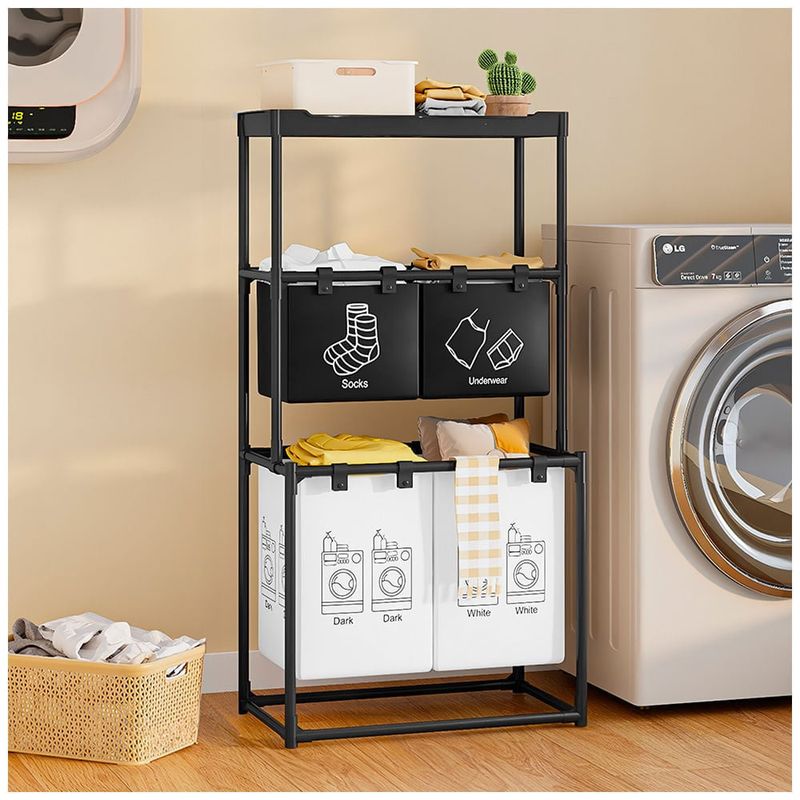 Market - Spalare si intretinere rufe - Uscatoare de rufe si accesorii - Cos de rufe metalic, 3 nivele, 4 sectiuni, negru, cu raft suplimentar pentru organizare rufe, Brivoo® - Infinity.ro