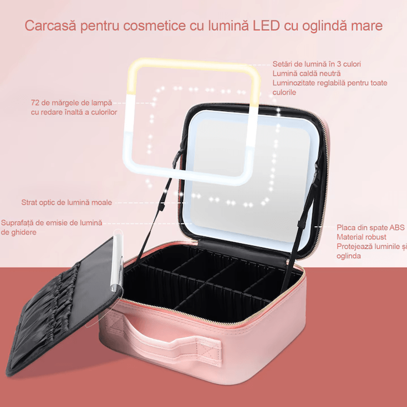 Ingrijire personala si Cosmetice - Machiaj - Portfarduri si genti cosmetice - Geanta pentru cosmetice, design elegant roz, oglinda cu LED ,baterie 2000 mAh, compartimente reglabile, Brivoo® - Infinity.ro
