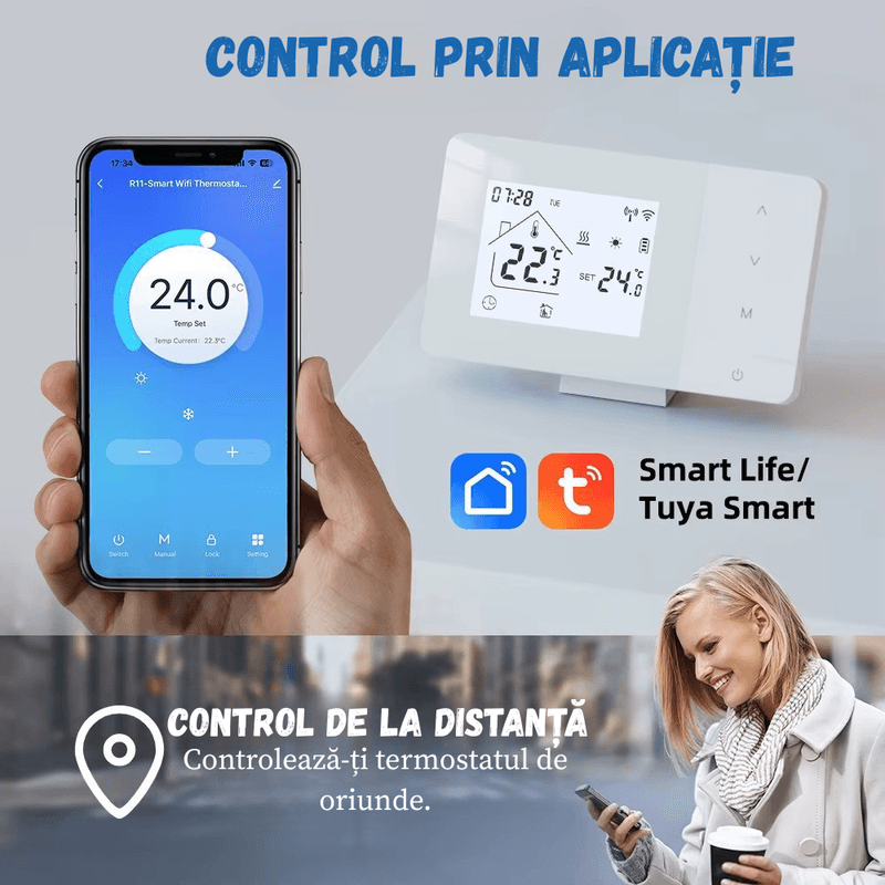 Casa si Gradina - Termice - Centrale termice si accesorii - Accesorii incalzire - Termostat de ambient inteligent BIRAI® EcoTherm Controlat Prin Internet/Smartphone Programabil WiFi din Aplicatie, Alb - Infinity.ro