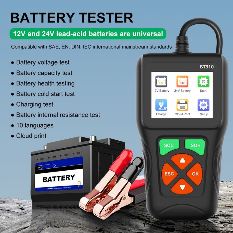 Auto si Moto - Reparatii si depanare - Scule auto - Testere si multimetre - Tester baterii auto Techstar BT310, 12V/24V, afisaj color 2.8", test CCA, SOC/SOH, rezistenta interna, test incarcare - Infinity.ro