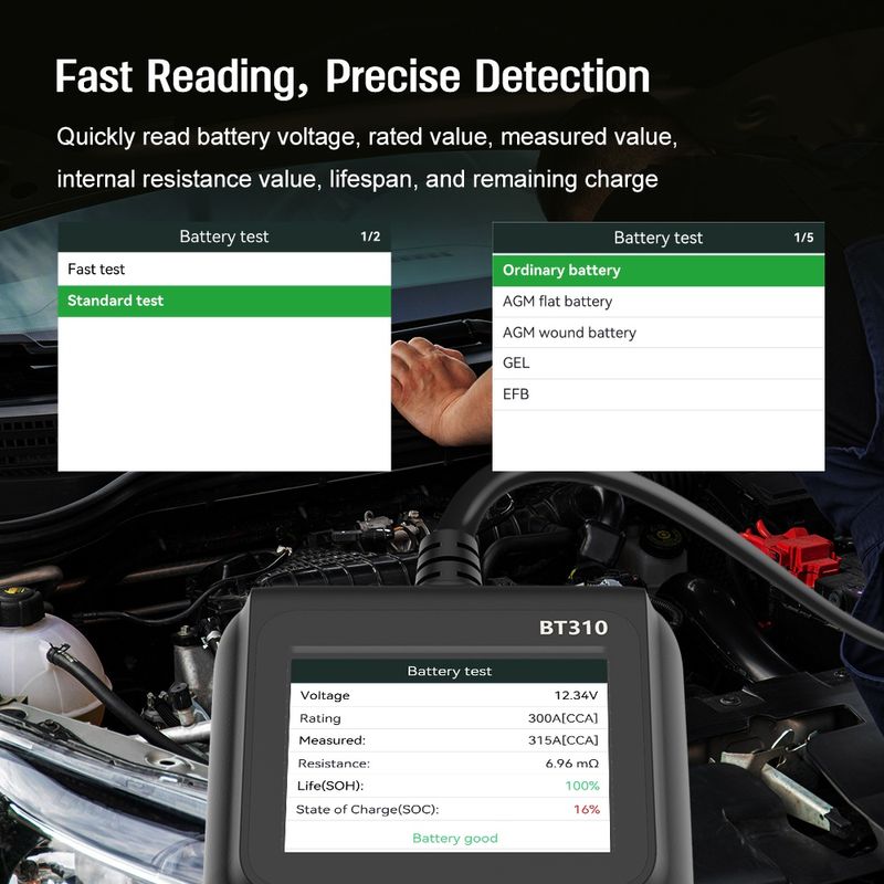 Auto si Moto - Reparatii si depanare - Scule auto - Testere si multimetre - Tester baterii auto Techstar BT310, 12V/24V, afisaj color 2.8", test CCA, SOC/SOH, rezistenta interna, test incarcare - Infinity.ro