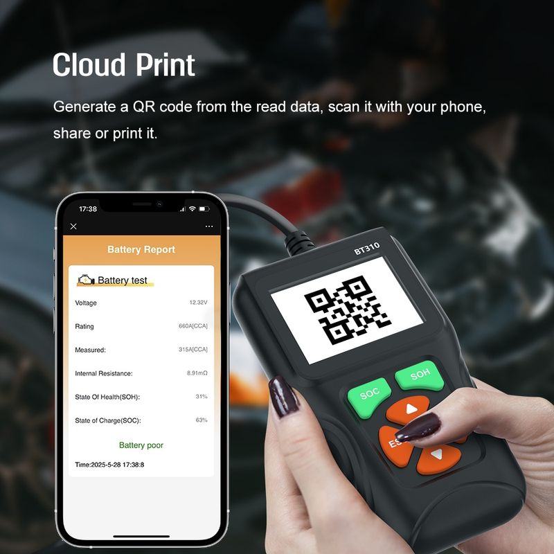 Auto si Moto - Reparatii si depanare - Scule auto - Testere si multimetre - Tester baterii auto Techstar BT310, 12V/24V, afisaj color 2.8", test CCA, SOC/SOH, rezistenta interna, test incarcare - Infinity.ro