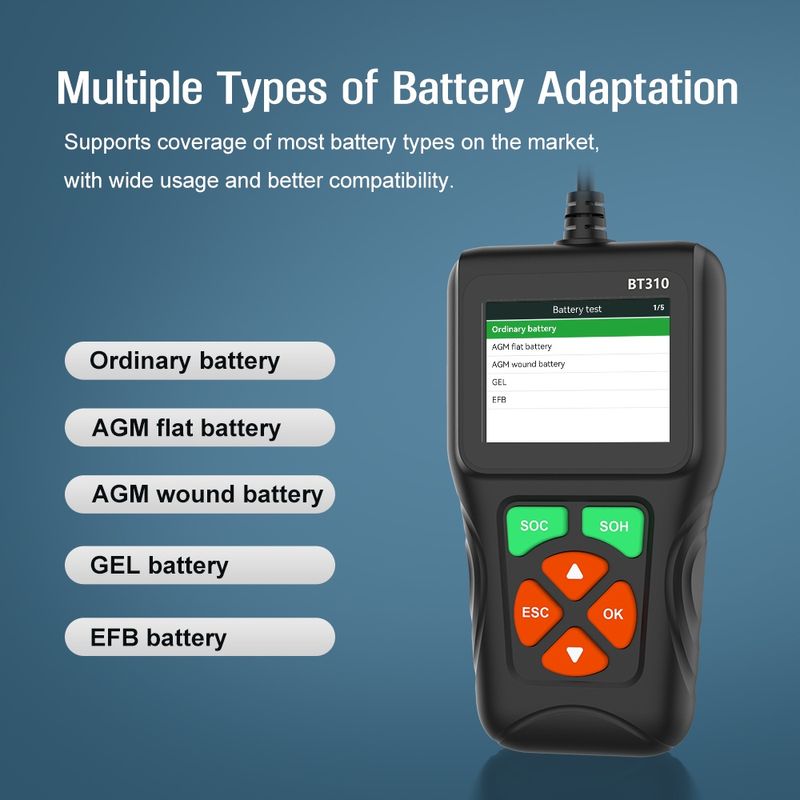 Auto si Moto - Reparatii si depanare - Scule auto - Testere si multimetre - Tester baterii auto Techstar BT310, 12V/24V, afisaj color 2.8", test CCA, SOC/SOH, rezistenta interna, test incarcare - Infinity.ro