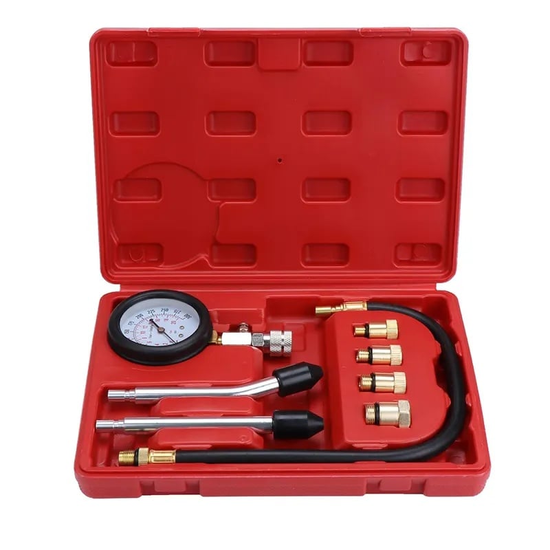 Auto si Moto - Reparatii si depanare - Scule auto - Scule si truse auto - Tester compresie motor benzina Techstar, cu manometru 0-20 bar, furtun flexibil 45cm, 4 adaptoare filetate M10 M12 M14 - Infinity.ro