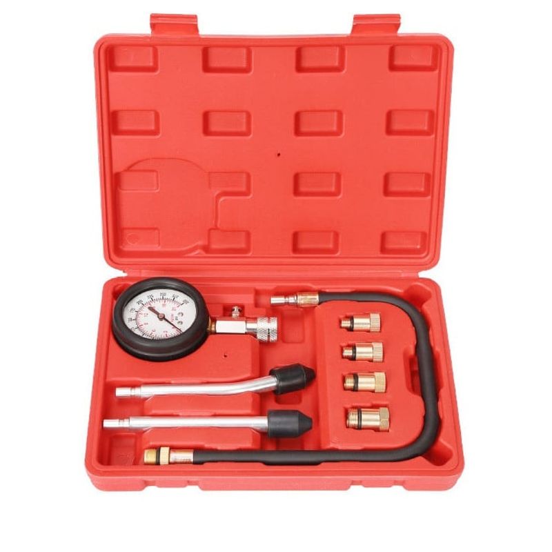 Auto si Moto - Reparatii si depanare - Scule auto - Scule si truse auto - Tester compresie motor benzina Techstar, cu manometru 0-20 bar, furtun flexibil 45cm, 4 adaptoare filetate M10 M12 M14 - Infinity.ro