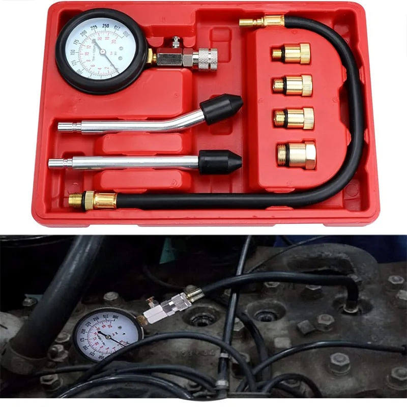 Auto si Moto - Reparatii si depanare - Scule auto - Scule si truse auto - Tester compresie motor benzina Techstar, cu manometru 0-20 bar, furtun flexibil 45cm, 4 adaptoare filetate M10 M12 M14 - Infinity.ro