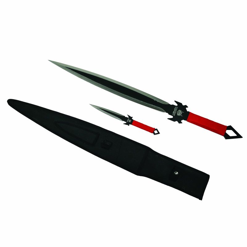 Sport si Outdoor - Camping - Cutite, bricege si accesorii - Cutite si bricege - Set de vanatoare DEPOX®, Sabie Red Ronin si set trei cutite de aruncat, otel inoxidabil, negru - Infinity.ro
