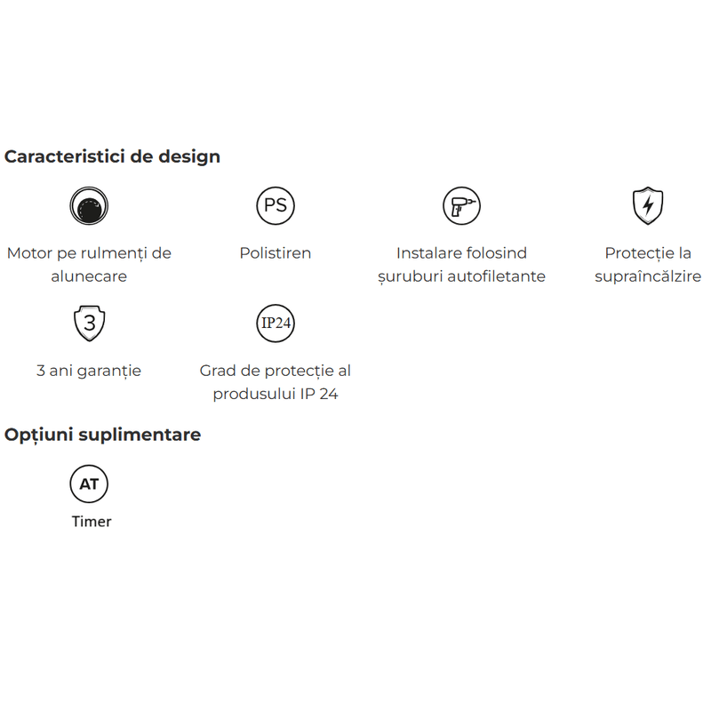Casa si Gradina - Sanitare - Suporturi si accesorii baie - Sisteme de ventilatie - Ventilator baie cu timer VentEurope EASY125T, 125 mm, 183 mc/h, IP24, 14W, Alb - Infinity.ro