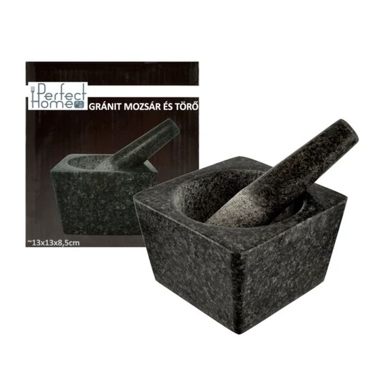 Casa si Gradina - Bucatarie si vesela - Ustensile bucatarie - Prese si storcatoare manuale - Mojar patrat din granit cu pistil 13×13×8,5 cm - Infinity.ro
