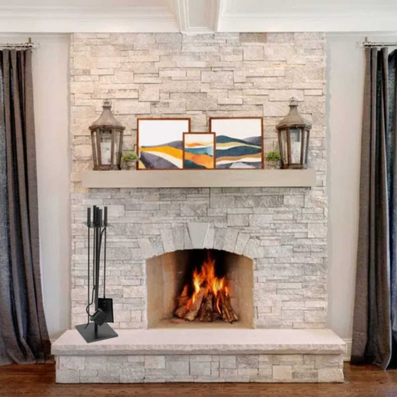 Casa si Gradina - Termice - Sobe, Seminee si accesorii - Accesorii seminee si sobe - Set 4 Accesorii cu Suport pentru Semineu din Fier Forjat, 81 cm si Covoras Metalic, 40×47.5 cm - Infinity.ro