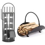 Casa si Gradina - Termice - Sobe, Seminee si accesorii - Accesorii seminee si sobe - Set 4 Accesorii cu Suport pentru Semineu din Inox, 66 cm si Suport de Depozitat Lemne din Aliaj Forjat, 48 cm, Negru - Infinity.ro