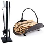 Casa si Gradina - Termice - Sobe, Seminee si accesorii - Accesorii seminee si sobe - Set 4 Accesorii cu Suport pentru Semineu din Fier Forjat, 81 cm si Suport de Depozitat Lemne din Aliaj, 48 cm, Negru - Infinity.ro