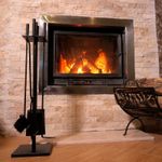 Casa si Gradina - Termice - Sobe, Seminee si accesorii - Accesorii seminee si sobe - Set 4 Accesorii cu Suport pentru Semineu din Fier Forjat, 81 cm si Suport de Depozitat Lemne din Aliaj, 48 cm, Negru - Infinity.ro