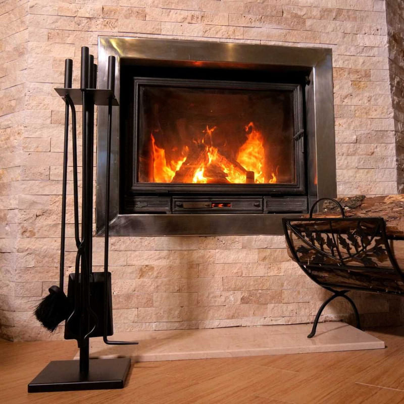 Casa si Gradina - Termice - Sobe, Seminee si accesorii - Accesorii seminee si sobe - Set 4 Accesorii cu Suport pentru Semineu din Fier Forjat, 81 cm si Suport de Depozitat Lemne din Aliaj, 48 cm, Negru - Infinity.ro