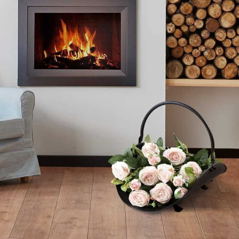 Casa si Gradina - Termice - Sobe, Seminee si accesorii - Accesorii seminee si sobe - Set 4 Accesorii cu Suport pentru Semineu din Fier Forjat, 81 cm si Suport de Depozitat Lemne din Aliaj, 48 cm, Negru - Infinity.ro