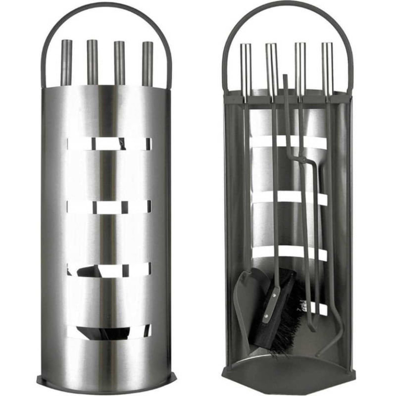 Casa si Gradina - Termice - Sobe, Seminee si accesorii - Accesorii seminee si sobe - Set 4 Accesorii cu Suport pentru Semineu din Inox, 66 cm si Covoras Metalic, 40×47.5 cm - Infinity.ro