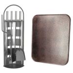 Casa si Gradina - Termice - Sobe, Seminee si accesorii - Accesorii seminee si sobe - Set 4 Accesorii cu Suport pentru Semineu din Inox, 66 cm si Covoras Metalic, 40×47.5 cm - Infinity.ro