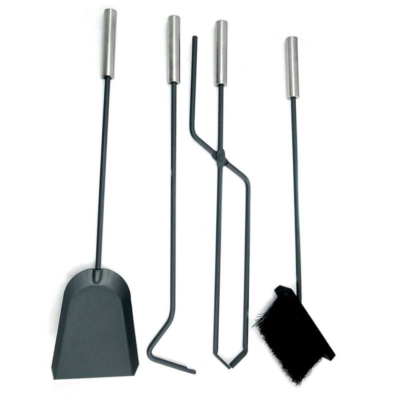 Casa si Gradina - Termice - Sobe, Seminee si accesorii - Accesorii seminee si sobe - Set 4 Accesorii cu Suport pentru Semineu din Inox, 66 cm si Covoras Metalic, 40×47.5 cm - Infinity.ro