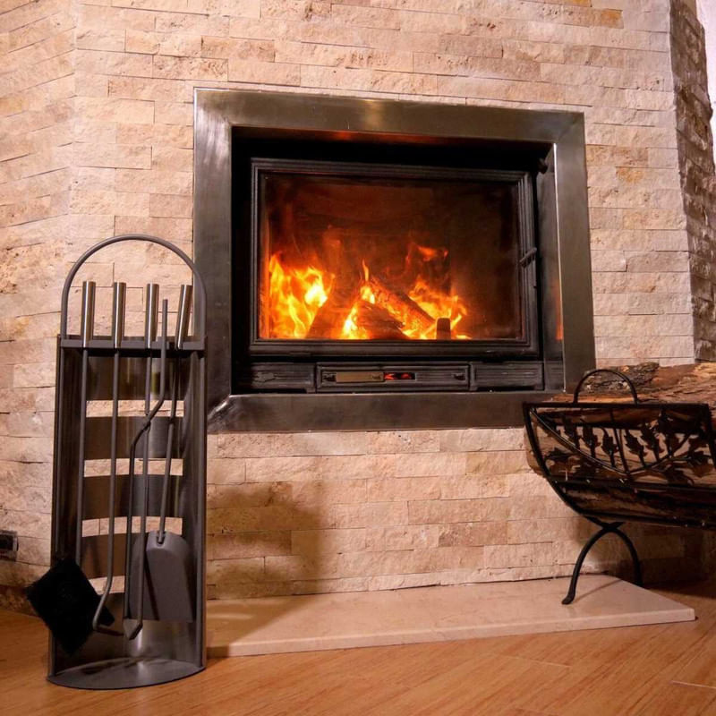 Casa si Gradina - Termice - Sobe, Seminee si accesorii - Accesorii seminee si sobe - Set 4 Accesorii cu Suport pentru Semineu din Inox, 66 cm si Covoras Metalic, 40×47.5 cm - Infinity.ro