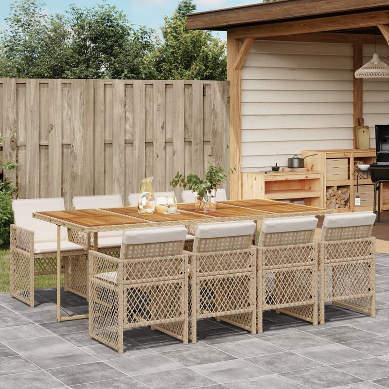Casa si Gradina - Gradina si terasa - Mobilier exterior - Seturi mobila gradina - Set de masa pentru gradina, 9 piese, cu perne, bej, poliratan - Infinity.ro