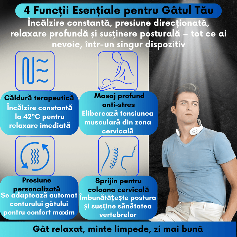 Ingrijire personala si Cosmetice - Sanatate si wellness - Articole wellness - Aparate si dispozitive de masaj - Aparat Masaj Cervical JustNet® cu Tehnologie TENS, Incalzire 42°C, Vibratii 5 Pini, 6 Moduri si 15 Niveluri de Intensita - Infinity.ro