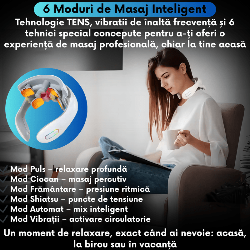 Ingrijire personala si Cosmetice - Sanatate si wellness - Articole wellness - Aparate si dispozitive de masaj - Aparat Masaj Cervical JustNet® cu Tehnologie TENS, Incalzire 42°C, Vibratii 5 Pini, 6 Moduri si 15 Niveluri de Intensita - Infinity.ro