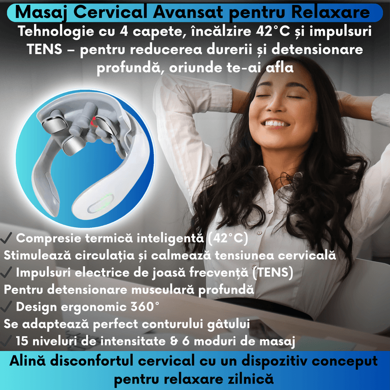 Ingrijire personala si Cosmetice - Sanatate si wellness - Articole wellness - Aparate si dispozitive de masaj - Aparat Masaj Cervical JustNet® cu Tehnologie TENS, Incalzire 42°C, Vibratii 5 Pini, 6 Moduri si 15 Niveluri de Intensita - Infinity.ro