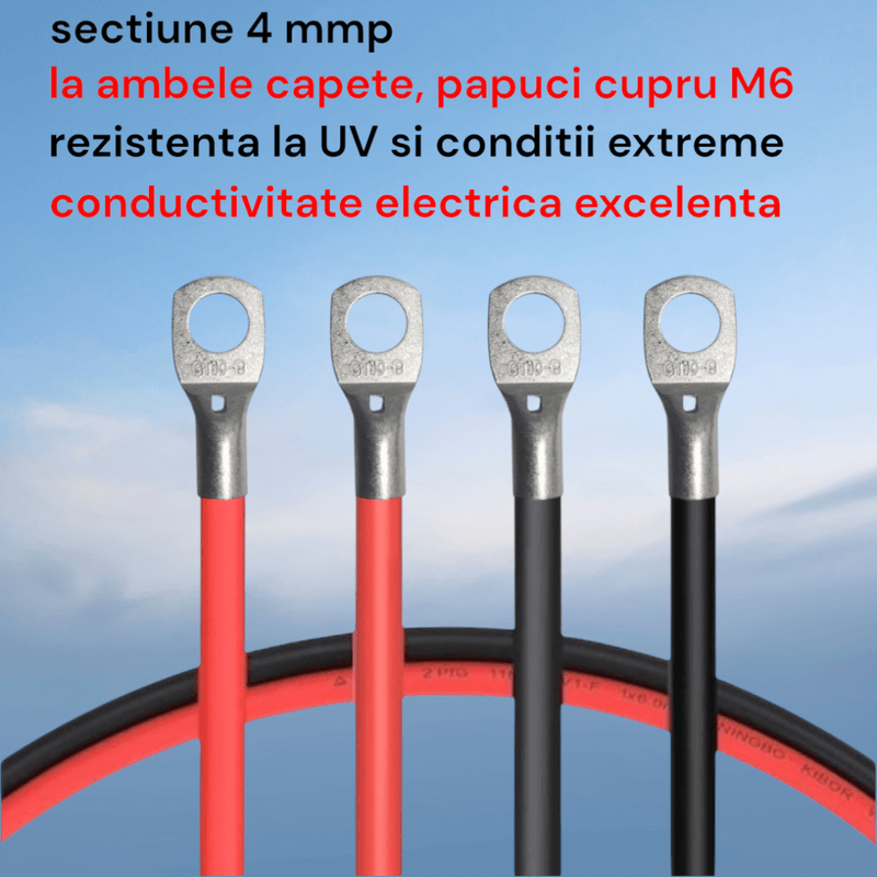 Casa si Gradina - Electrice - Panouri solare si accesorii - Accesorii panouri solare - Set cablu transfer curent, rosu, negru, sectiune 4 mmp cu 4 papuci M6, lungime 2x50 cm, rezistent uzura si UV, pentru invertor si autovehicule, utilaje agricole si ambarcatiuni - Infinity.ro