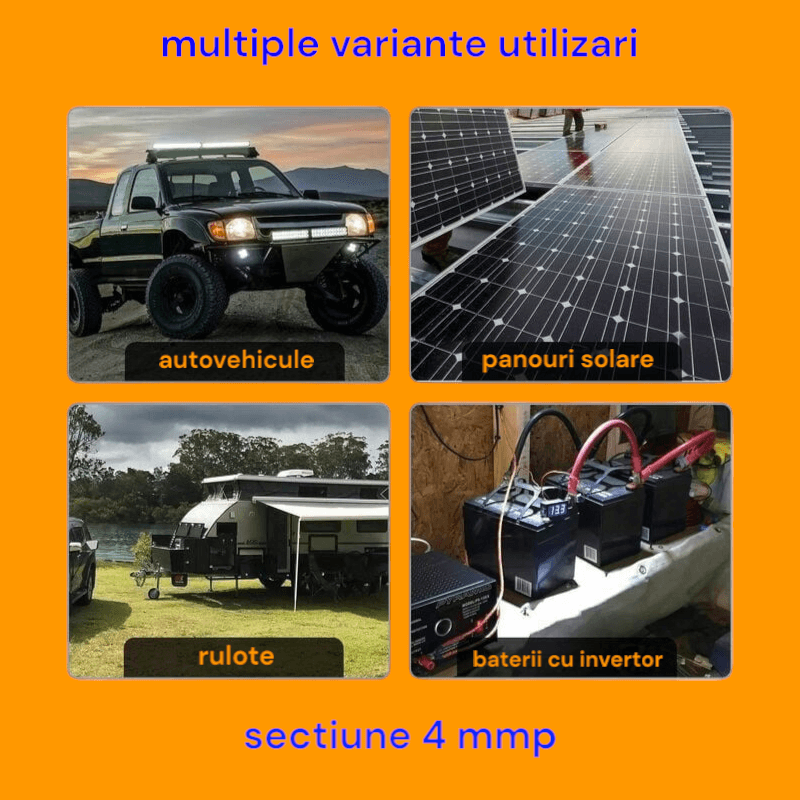 Casa si Gradina - Electrice - Panouri solare si accesorii - Accesorii panouri solare - Set cablu transfer curent, rosu, negru, sectiune 4 mmp cu 4 papuci M6, lungime 2x50 cm, rezistent uzura si UV, pentru invertor si autovehicule, utilaje agricole si ambarcatiuni - Infinity.ro