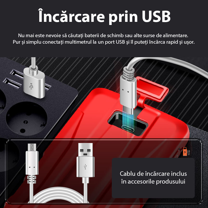 Casa si Gradina - Electrice - Accesorii electrice - Aparate de masura si control - Multimetru digital smart cu touchscreen, Masurare si detectie automata, Avertizare, Ecran LCD, Incarcare USB, Rosu - Infinity.ro