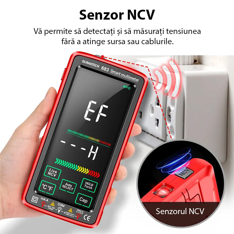 Casa si Gradina - Electrice - Accesorii electrice - Aparate de masura si control - Multimetru digital smart cu touchscreen, Masurare si detectie automata, Avertizare, Ecran LCD, Incarcare USB, Rosu - Infinity.ro