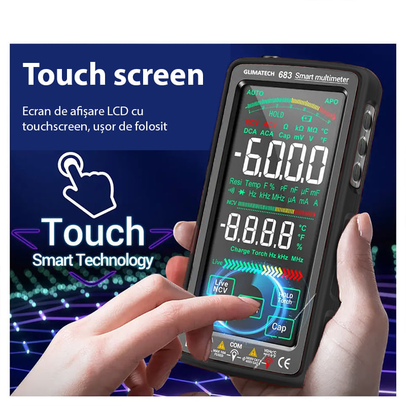 Casa si Gradina - Electrice - Accesorii electrice - Aparate de masura si control - Multimetru digital smart cu touchscreen, Masurare si detectie automata, Avertizare, Ecran LCD, Incarcare USB, Negru - Infinity.ro