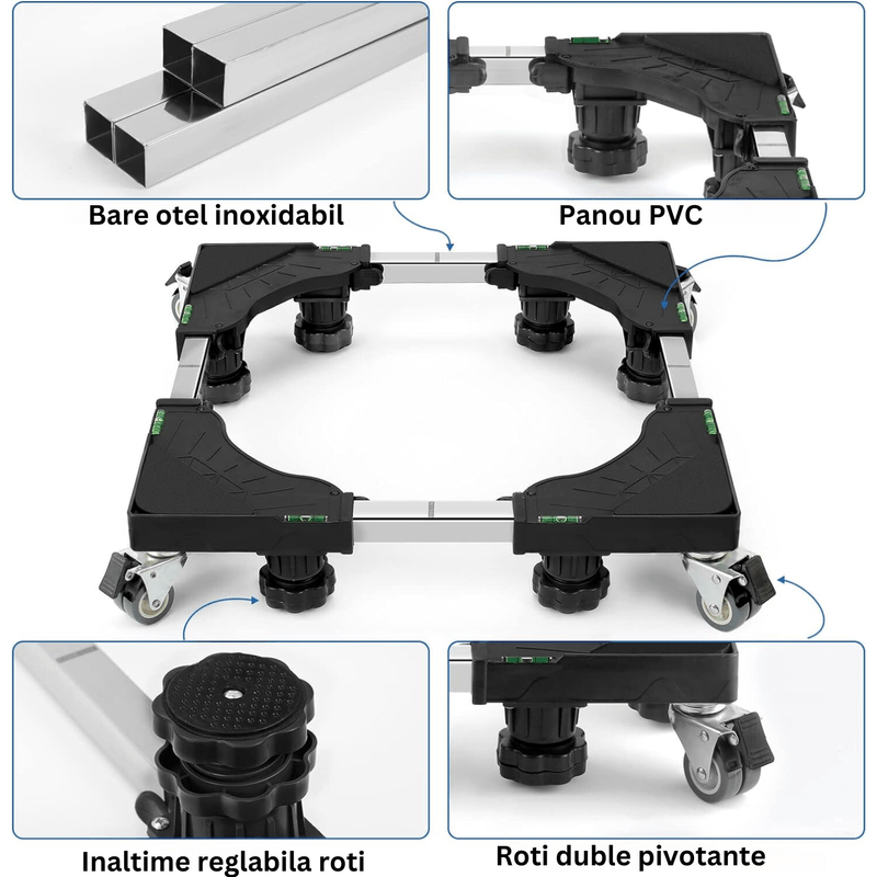 Electronice si Electrocasnice - Masini si uscatoare de rufe - Accesorii masini de spalat si uscatoare - Suport cu 8 picioare si 8 roti pentru masina de spalat, aragaz, frigider, Inaltime, lungime/latime ajustabila, Negru - Infinity.ro