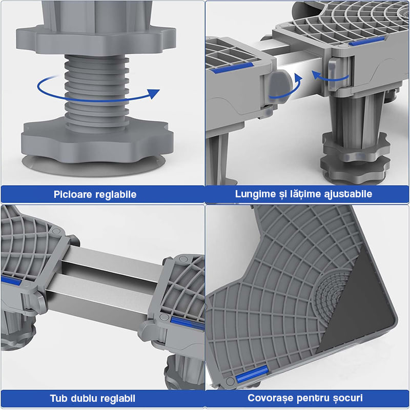 Electronice si Electrocasnice - Masini si uscatoare de rufe - Accesorii masini de spalat si uscatoare - Suport masina de spalat, aragaz, frigider cu 12 picioare reglabile, Inaltime, lungime/latime ajustabila, Gri - Infinity.ro